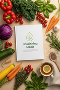 Nourishing Meals healthy recipe eBook flat lay with fresh vegetables and herbs