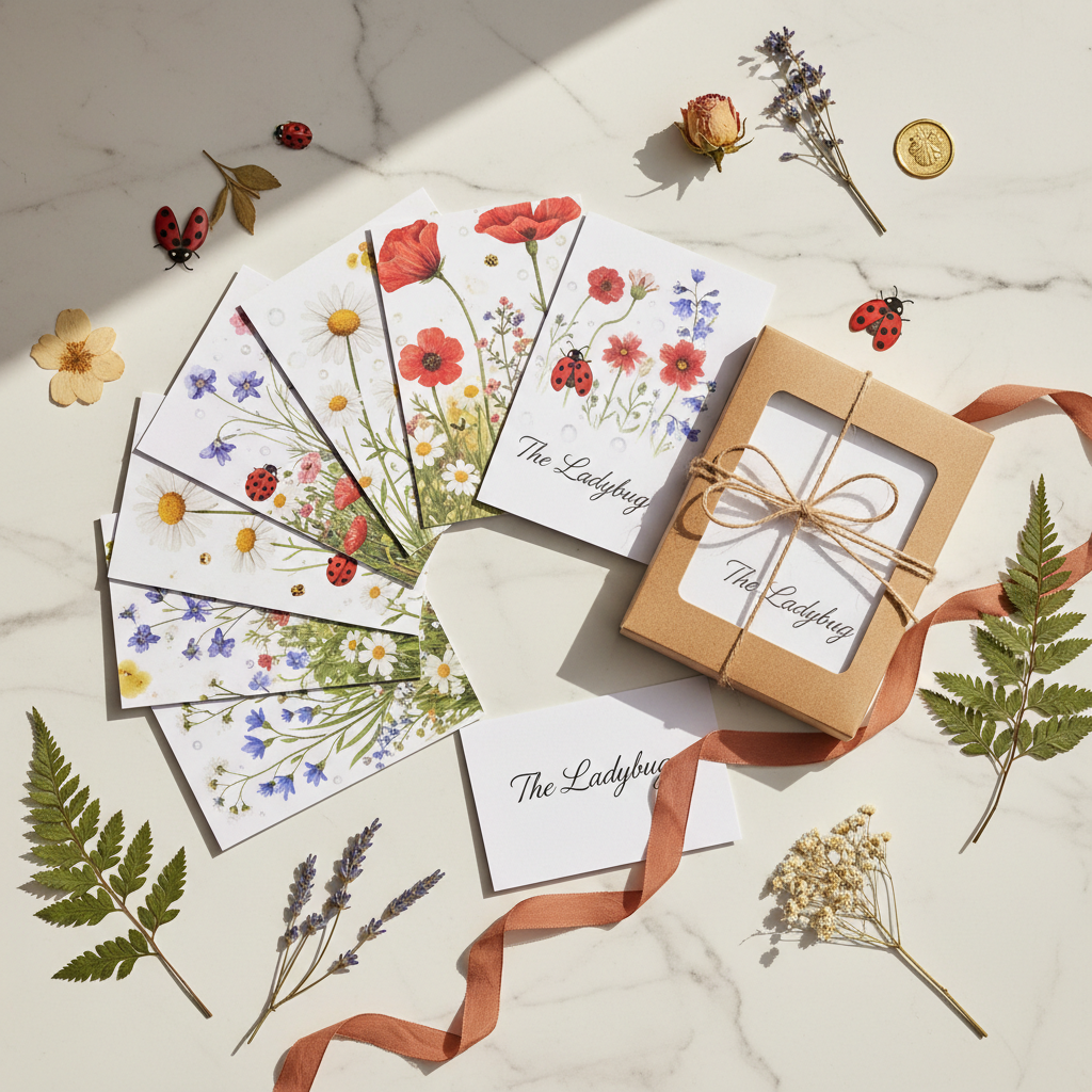 The Ladybug Enchanted Garden Greeting Card Pack flat lay