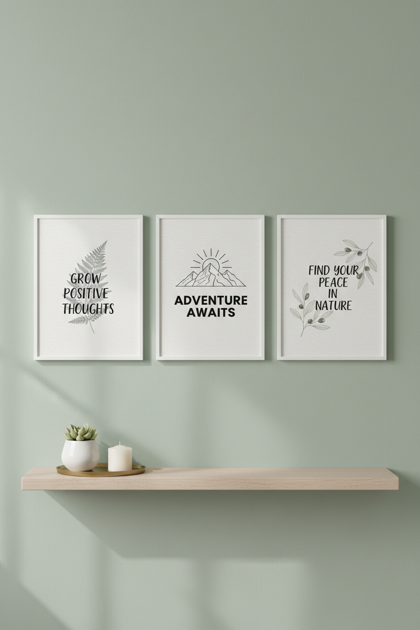 Three botanical inspirational wall art prints in white frames on sage green wall