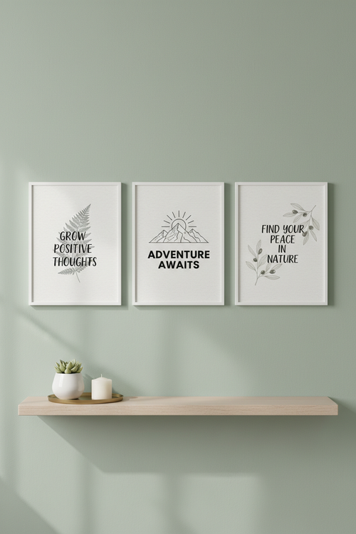 Three botanical inspirational wall art prints in white frames on sage green wall