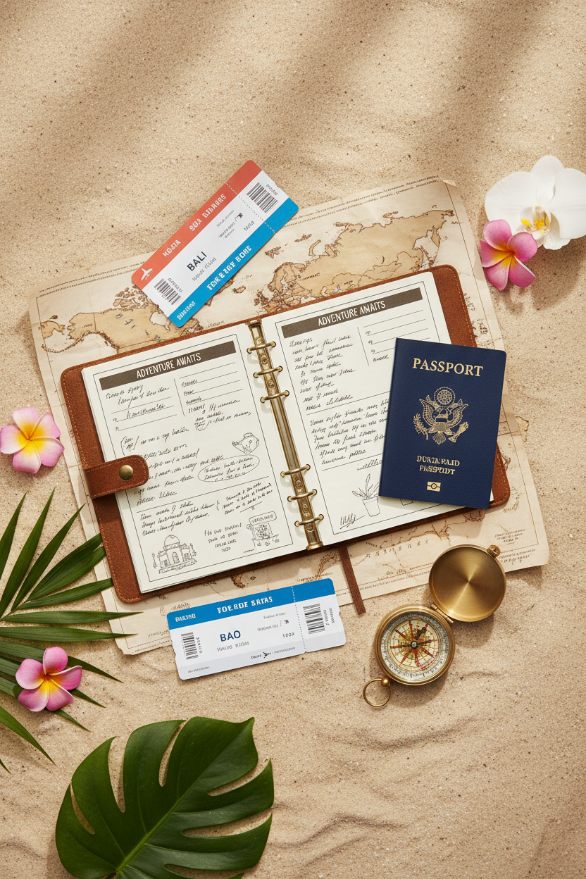 Travel planner flat lay with passport, world map, and tropical flowers