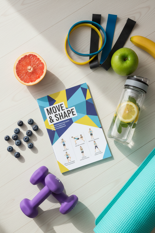 Home workout guide with dumbbells, yoga mat, and resistance bands flat lay