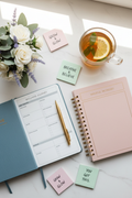 Wellness journal and planner flat lay with flowers and herbal tea